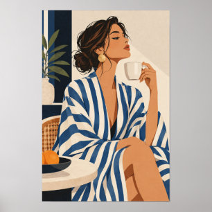 Affiche Femme Élégante en Rayures Bleues Tenant du Café su