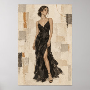 Affiche Femme Élégante en Robe de Soirée Noire Abstrait su