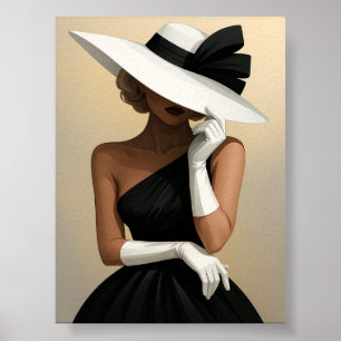Affiche Femme élégante en robe noire et Casquette blanc