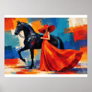 Affiche Femme Élégante en Rouge avec Cheval Noir