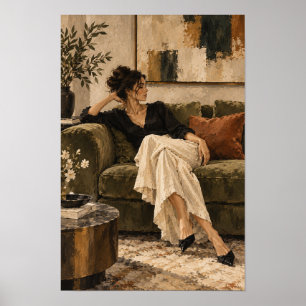 Affiche Femme Élégante sur Canapé en Velours Figuratif Con