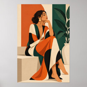 Affiche Femme Élégante sur Fond Botanique Orange et Vert A