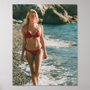 Affiche Femme en bikini rouge à l'océan Mignonne Bulle de 