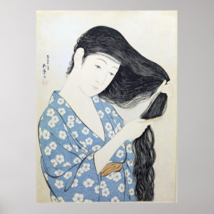 Affiche Femme en bleu se coiffant les cheveux, art japonai