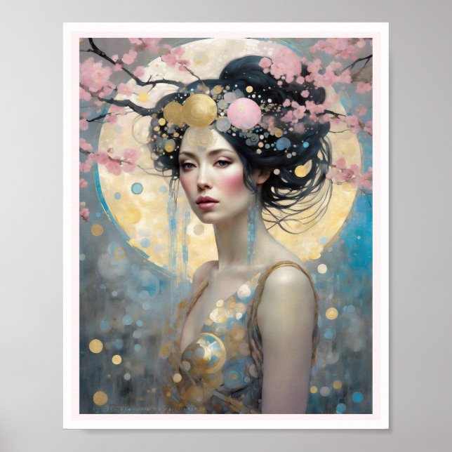 Affiche Femme en fleurs de cerisier avec cercles de cheveu (Devant)