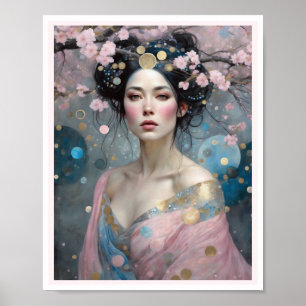 Affiche Femme en fleurs de cerisier de printemps avec chev