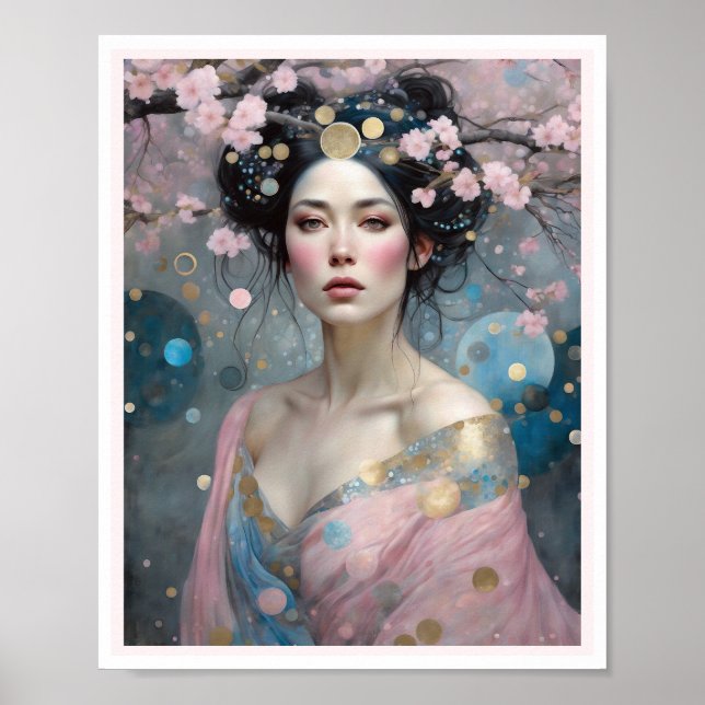 Affiche Femme en fleurs de cerisier de printemps avec chev (Devant)
