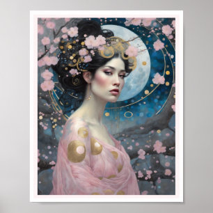 Affiche Femme en fleurs de cerisier de printemps avec l'or