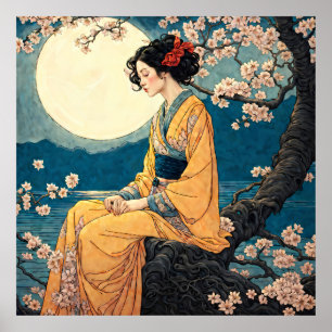 Affiche Femme en Kimono Cerry Blossom Lune Nuit