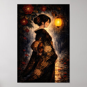 Affiche Femme en kimono japonais Lanterne Nuit Pluie Art
