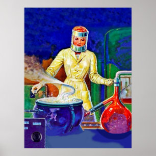 Affiche Femme en laboratoire, imaginaire vintage