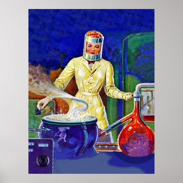 Affiche Femme en laboratoire, imaginaire vintage (Devant)