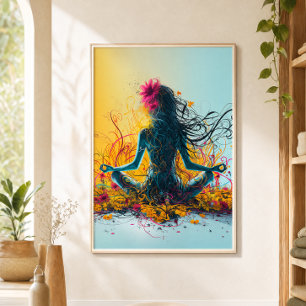 Affiche Femme en méditation Lotus Pose de yoga Fleurs colo