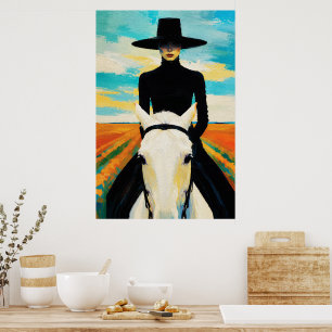 Affiche Femme en noir sur un cheval blanc – Champ dramatiq