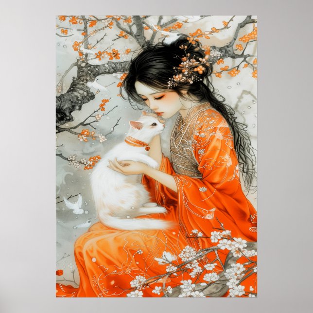 Affiche Femme en Orange avec chat blanc (Devant)