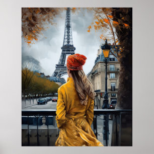 Affiche Femme en Peignoir Jaune Admirant La Tour Eiffel