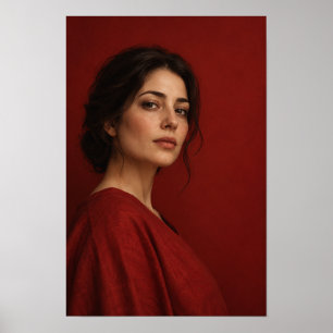 Affiche Femme en portrait rouge sur fond cramoisi W