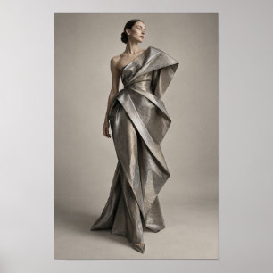 Affiche Femme en robe argentée métallique sculpturale mode
