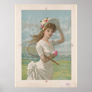 Affiche Femme en robe blanche tenant une raquette de tenni