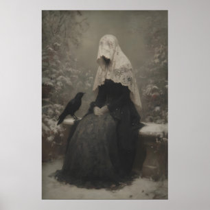 Affiche Femme en voile noir avec corbeau deuil gothique