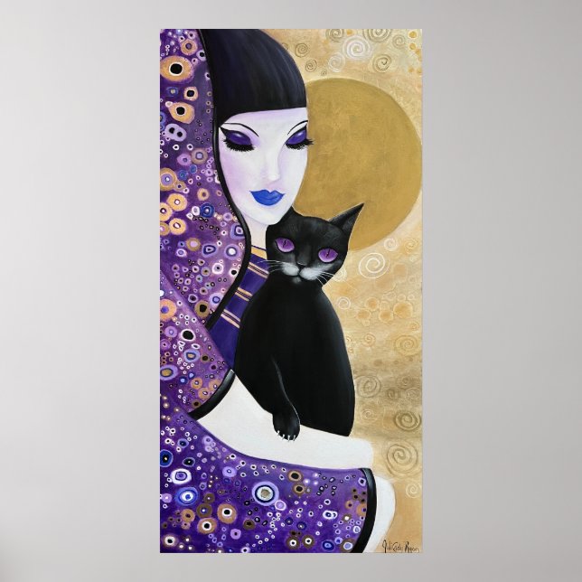 Affiche Femme et chat violet de chats art lunaire (Devant)