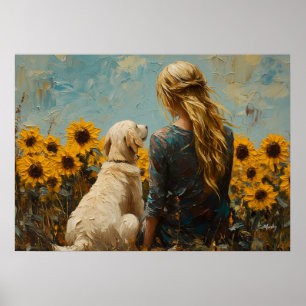 Affiche Femme et Chien avec Tournesols - Peinture de Style