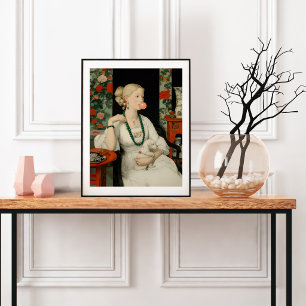 Affiche Femme et chien Bubble Gum rose bulle Coloré