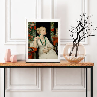 Affiche Femme et chien Bubble Gum rose bulle Coloré