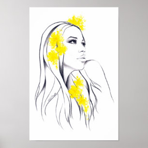 Affiche Femme face Fleurs jaunes Mode illustration art