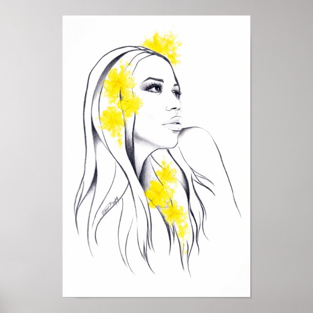 Affiche Femme face Fleurs jaunes Mode illustration art (Devant)