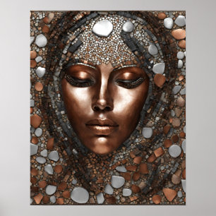 Affiche Femme Face Mosaic Cuivre Argent Mur Art