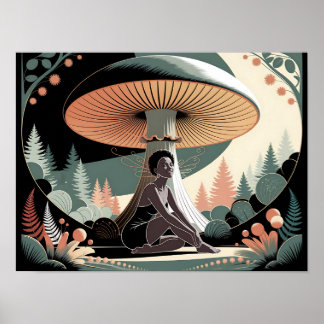 Affiche Femme Fée Noire sous une Maisonnette Champignon Gé