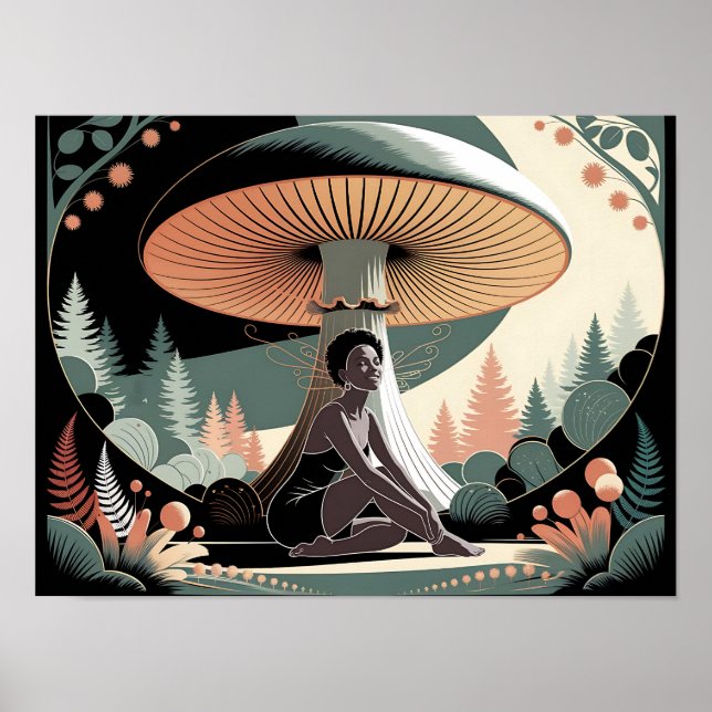 Affiche Femme Fée Noire sous une Maisonnette Champignon Gé (Devant)