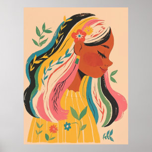 Affiche Femme Fille Mignonne Illustration Florale Bohème