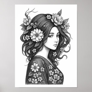 Affiche Femme Fleurie Art Linéaire Romantique