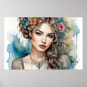 Affiche Femme Glamour aux Cheveux Argentés et aux Yeux Fum