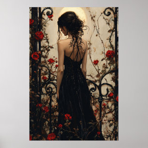 Affiche Femme gothique en robe noire parmi les roses rouge