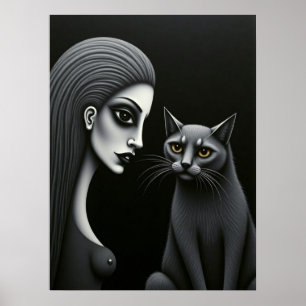 Affiche Femme gothique et chat Dark Monochrome Beaux-Arts