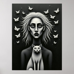 Affiche Femme gothique Papillons et Chat Surréaliste sombr
