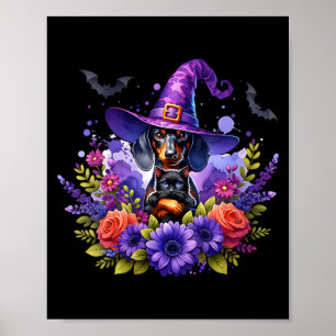 Affiche Femme Halloween Sorcière Dachshund Chien Noir