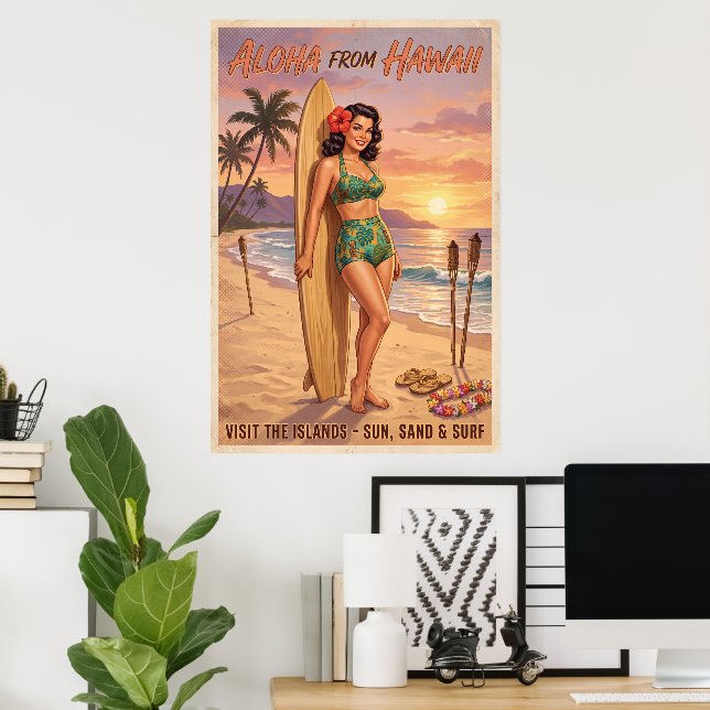 Affiche Femme Hawaïenne de Style Rétro Épinglée (Bureau à domicile)