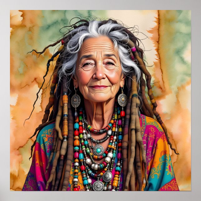 Affiche Femme Hippie Cool Vieille Dame en Dread Locks (Devant)