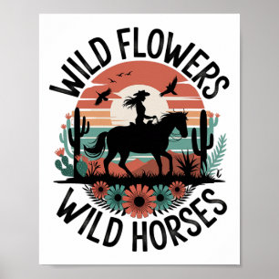 Affiche Femme Horseback équitation Fleurs sauvages Femmes