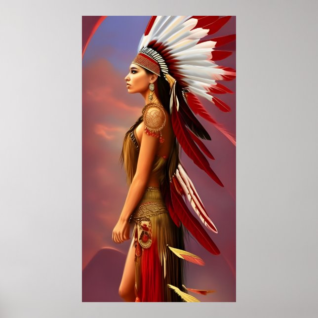 Affiche femme indienne d'Amérique plumes rouges et blanche (Devant)