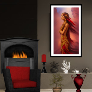 Affiche femme indienne d'Amérique robe rouge or plumes