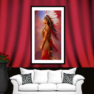 Affiche Femme indienne d'Amérique rouge or plumes bleu