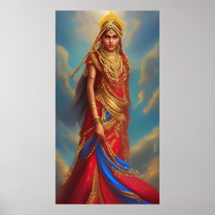 Affiche femme indienne robe rouge or bijoux 