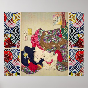 AFFICHE FEMME JAPONAISE À L'AIR FATIGUÉ AVEC CHAT BLANC