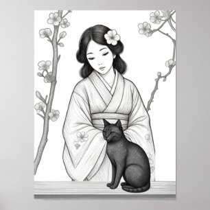 Affiche Femme japonaise avec chat noir