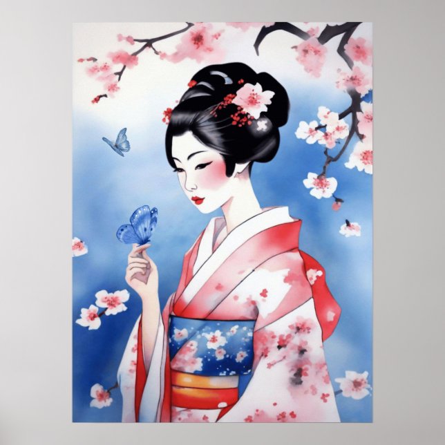 Affiche Femme japonaise avec un papillon bleu